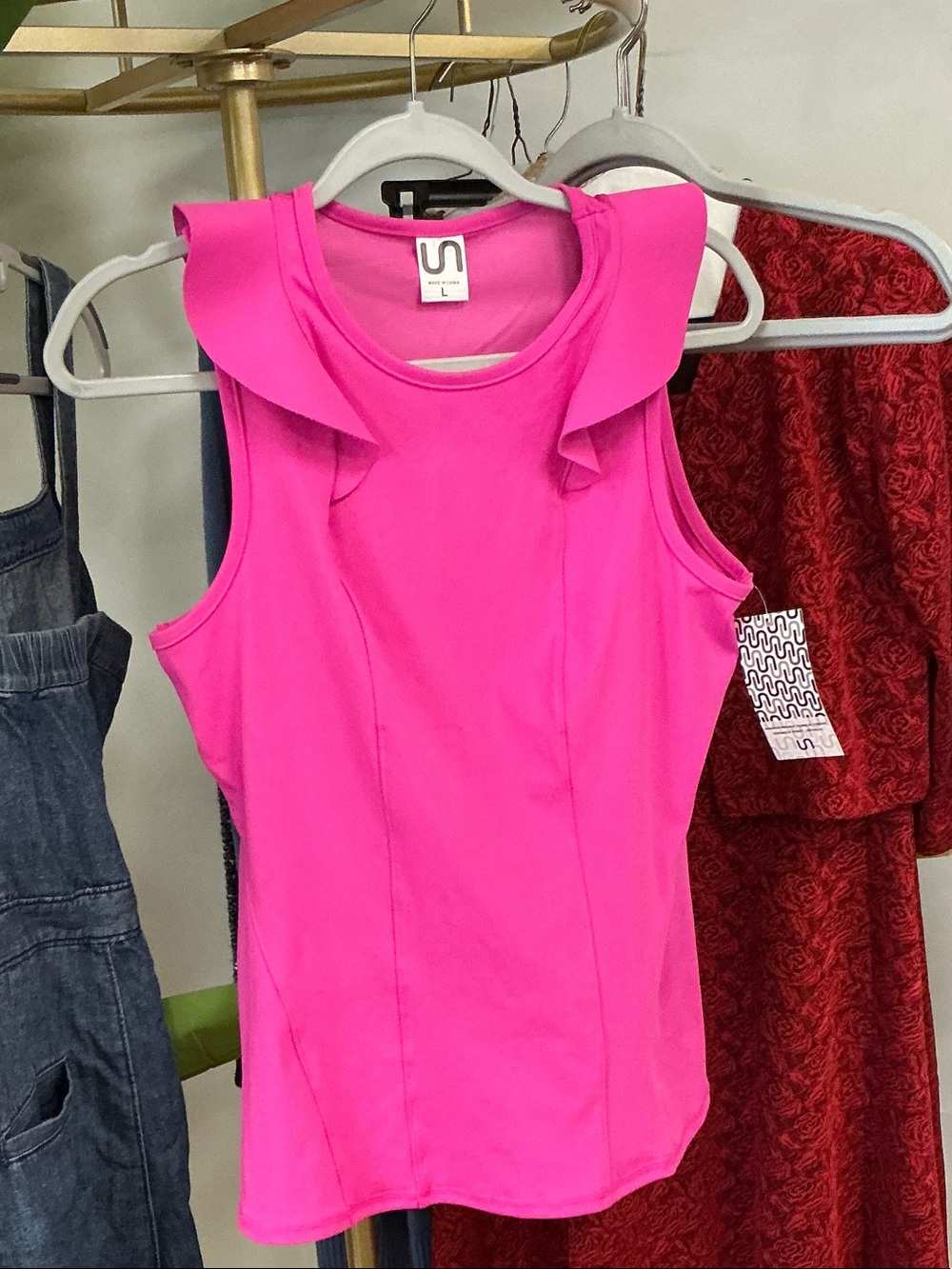 Sleeveless Ruffle Shoulder Tank Top in Hot Pink